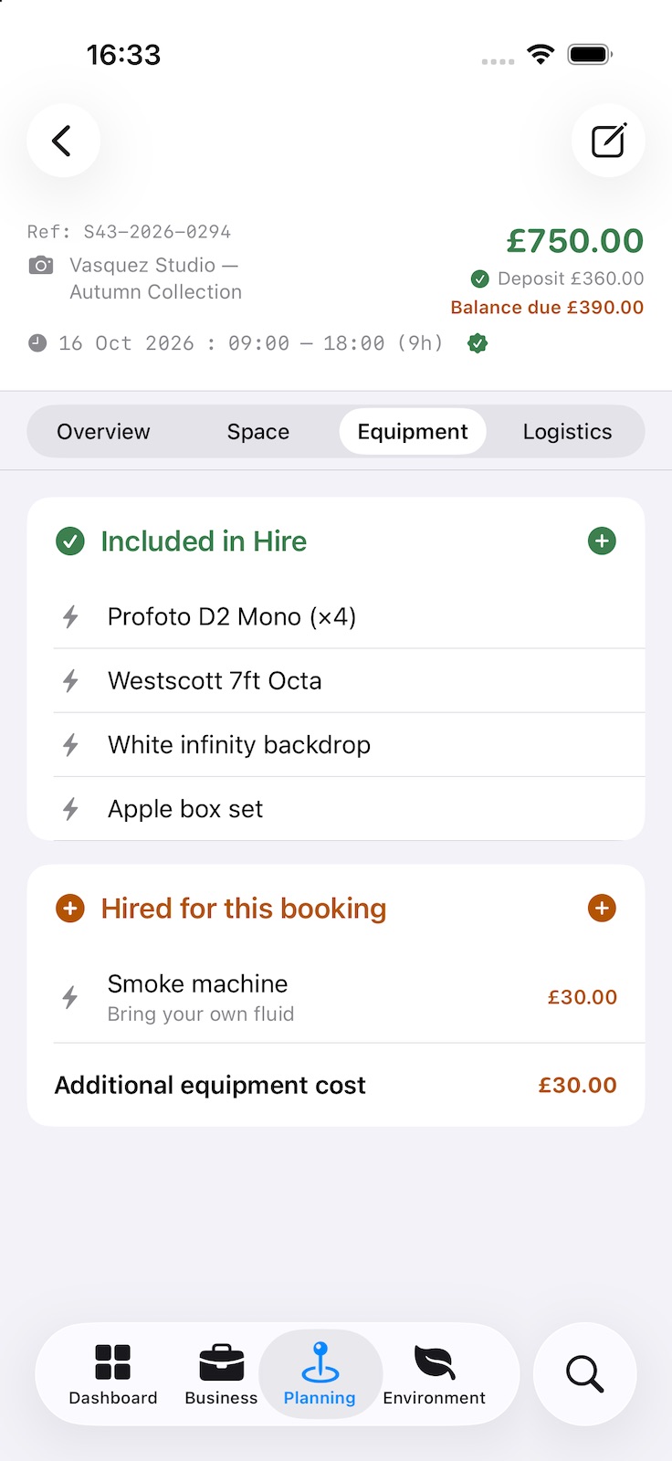 A studio booking’s Equipment tab: lights, modifiers and backdrops included in the hire, and a smoke machine hired as an extra with its cost.