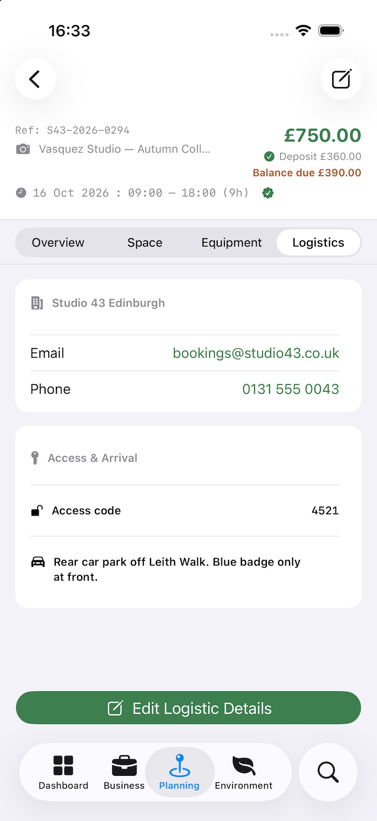 A studio booking’s Logistics tab: the studio’s email and phone, the access code, and notes on where to park.
