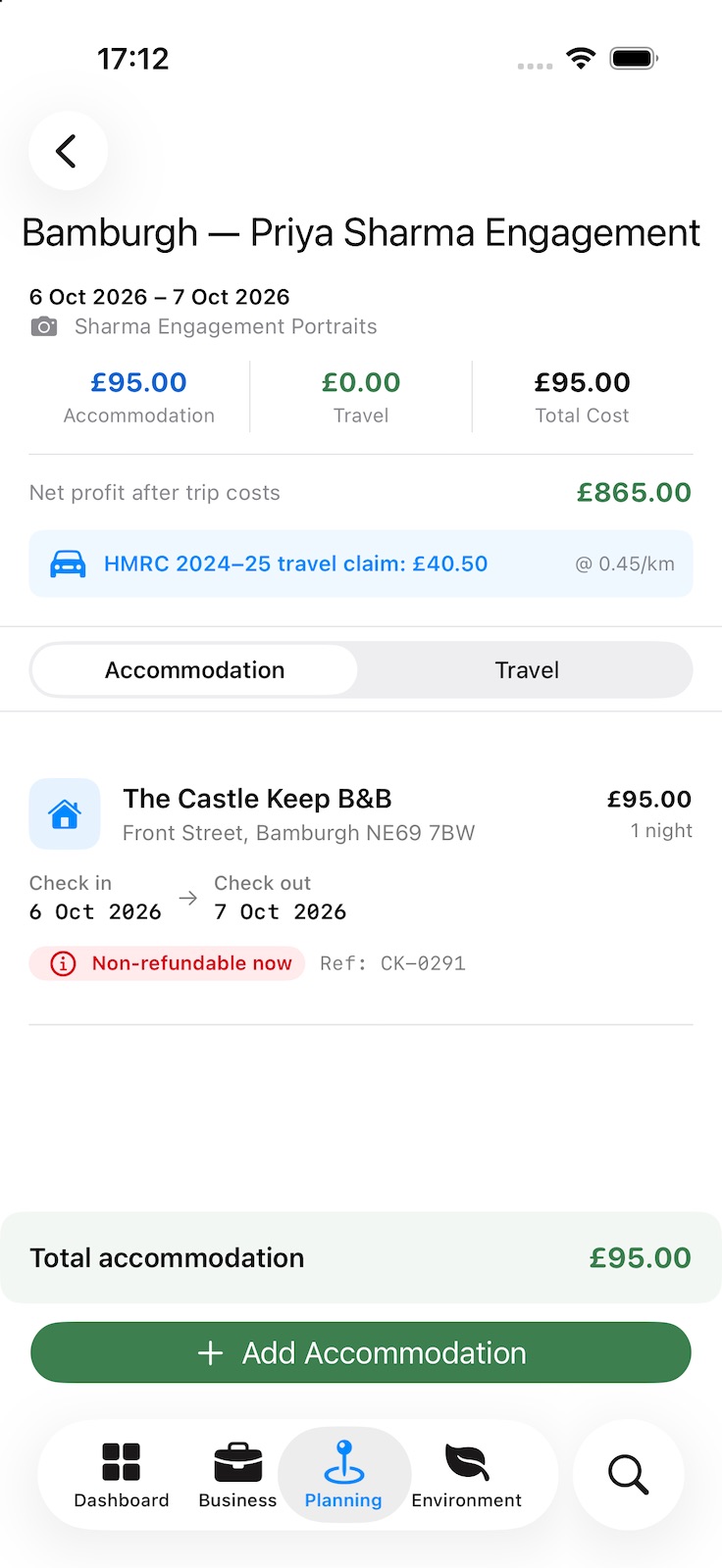 A trip for a booking: accommodation, travel and total costs, the profit left after trip costs, and the HMRC mileage claim, with the accommodation listed with its dates, cost and cancellation terms.