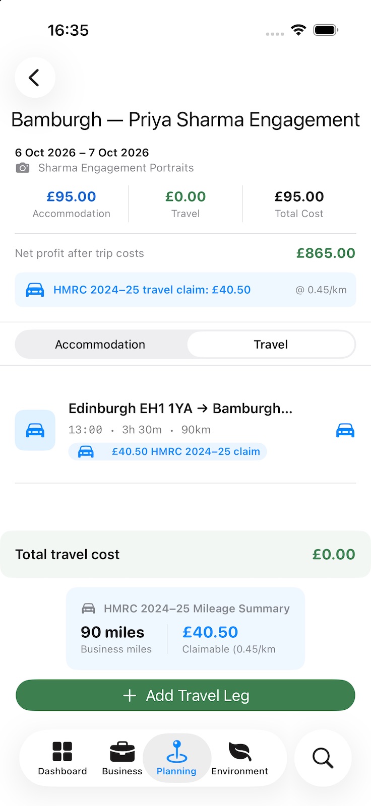 A trip’s Travel tab: a drive with its time, duration and distance, and a mileage summary of business miles and the amount claimable at the HMRC rate.