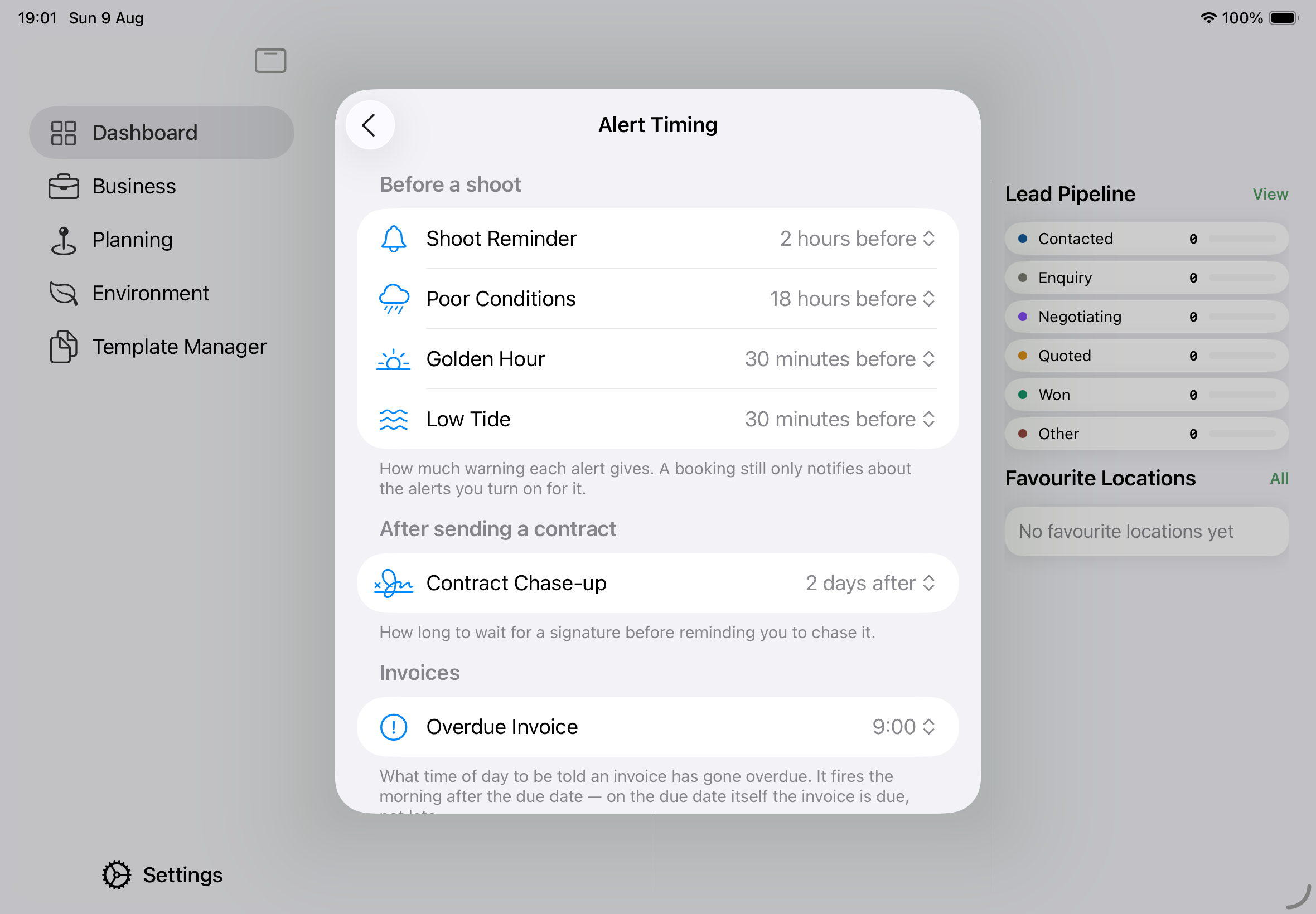 Screenshot: Settings → Alert Timing on iPhad. Rows of label-and-picker pairs grouped into sections — "Before a shoot" holding Shoot Reminder "2 hours before", Poor Conditions "18 hours before", Golden Hour "30 minutes before" and Low Tide "30 minutes before"; "After sending a contract" holding Contract Chase-up "2 days after"; then Overdue Invoice "9:00 am" and Warn When Rated "Below 6". The Shoot Reminder picker is open, showing the choices from "At the start" through "30 minutes before" and "2 hours before" down to "1 week before".