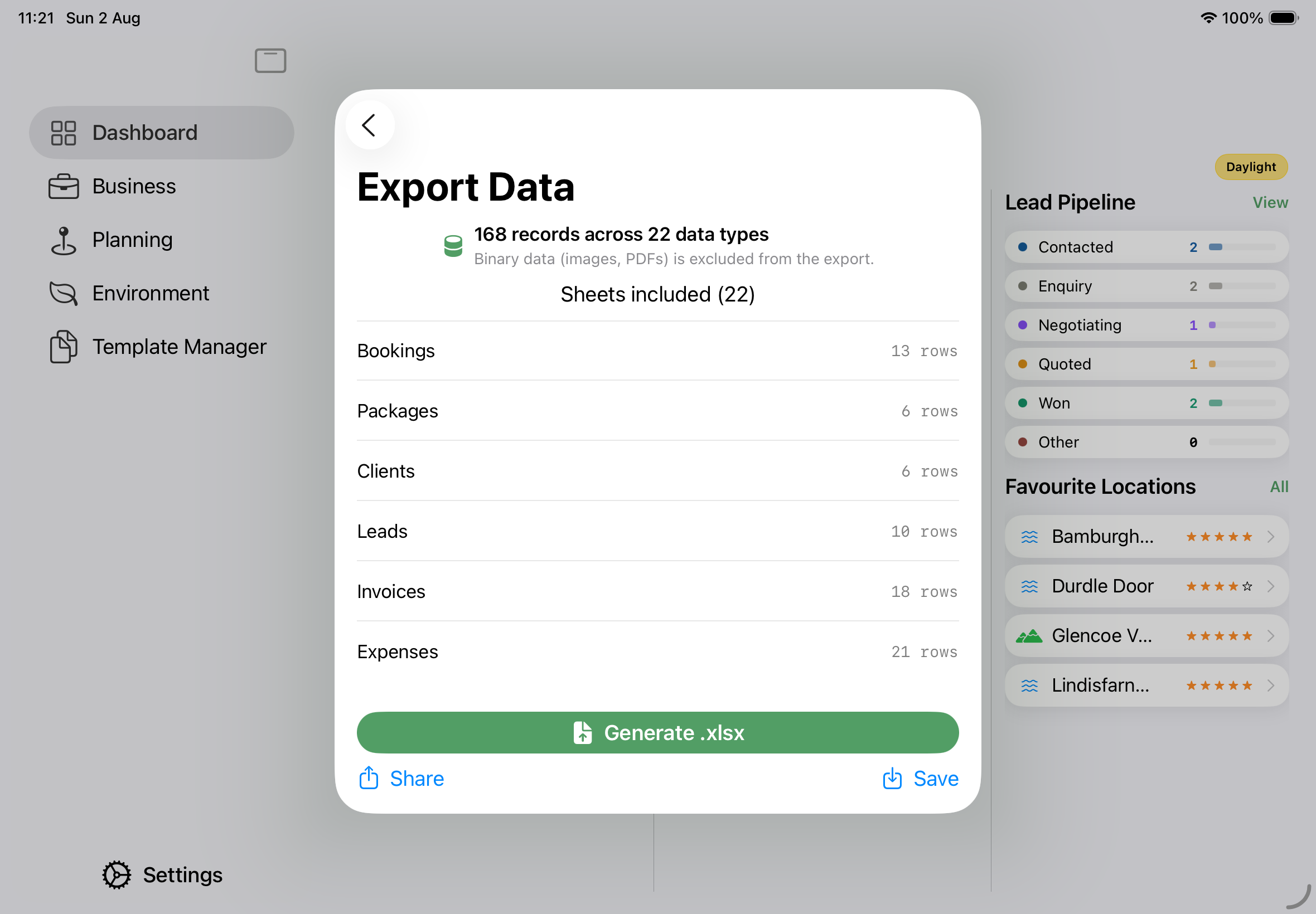 Screenshot: The Data Export screen after a successful export, showing the "Share" button (square-and-arrow-up icon) on the left and the "Save" button (square-and-arrow-down icon) on the right, on a single row beneath the generate button.