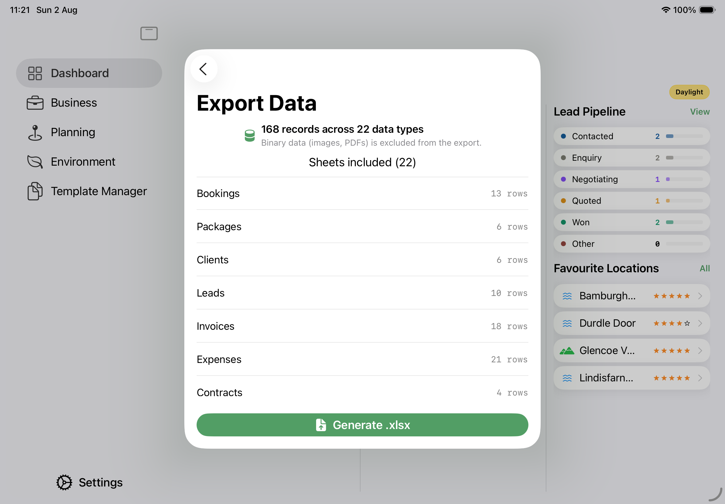Screenshot: The Data Export screen before exporting.