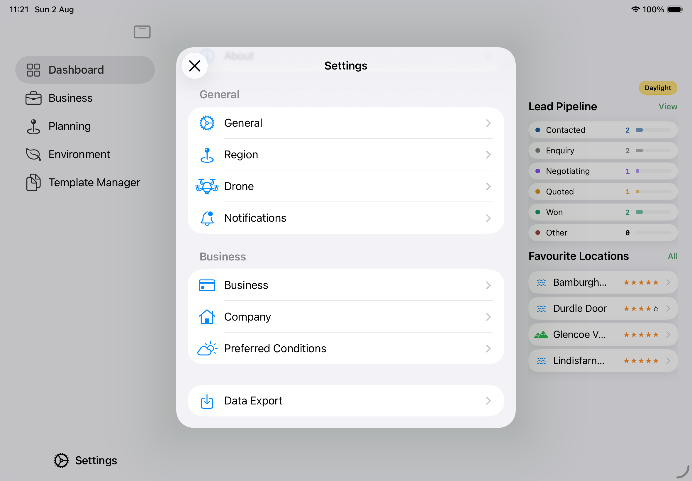 Screenshot: The Settings screen with the Business section visible (Business, Company, Preferred Conditions rows), and below it a separate section containing a single row labelled "Data Export" with a download-arrow icon.
