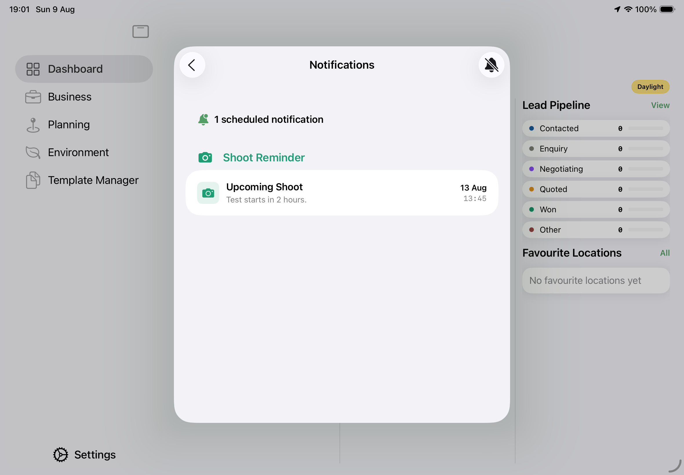 Screenshot: Settings → Notifications on iPad, with one alert waiting. A header reads "4 scheduled notifications". Below it the alerts are grouped under coloured type headings — Shoot Reminder, Golden Hour, Low Tide, Invoice Overdue — each row showing the alert's title, its message, the location it belongs to, and the date and time it is due on the right.