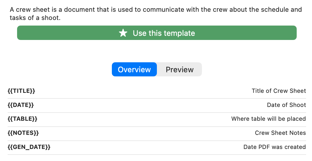 Screenshot: The detail pane for a non-active template, with the prominent orange "Use this template" button (star icon) spanning the width above the Overview/Preview segmented control.