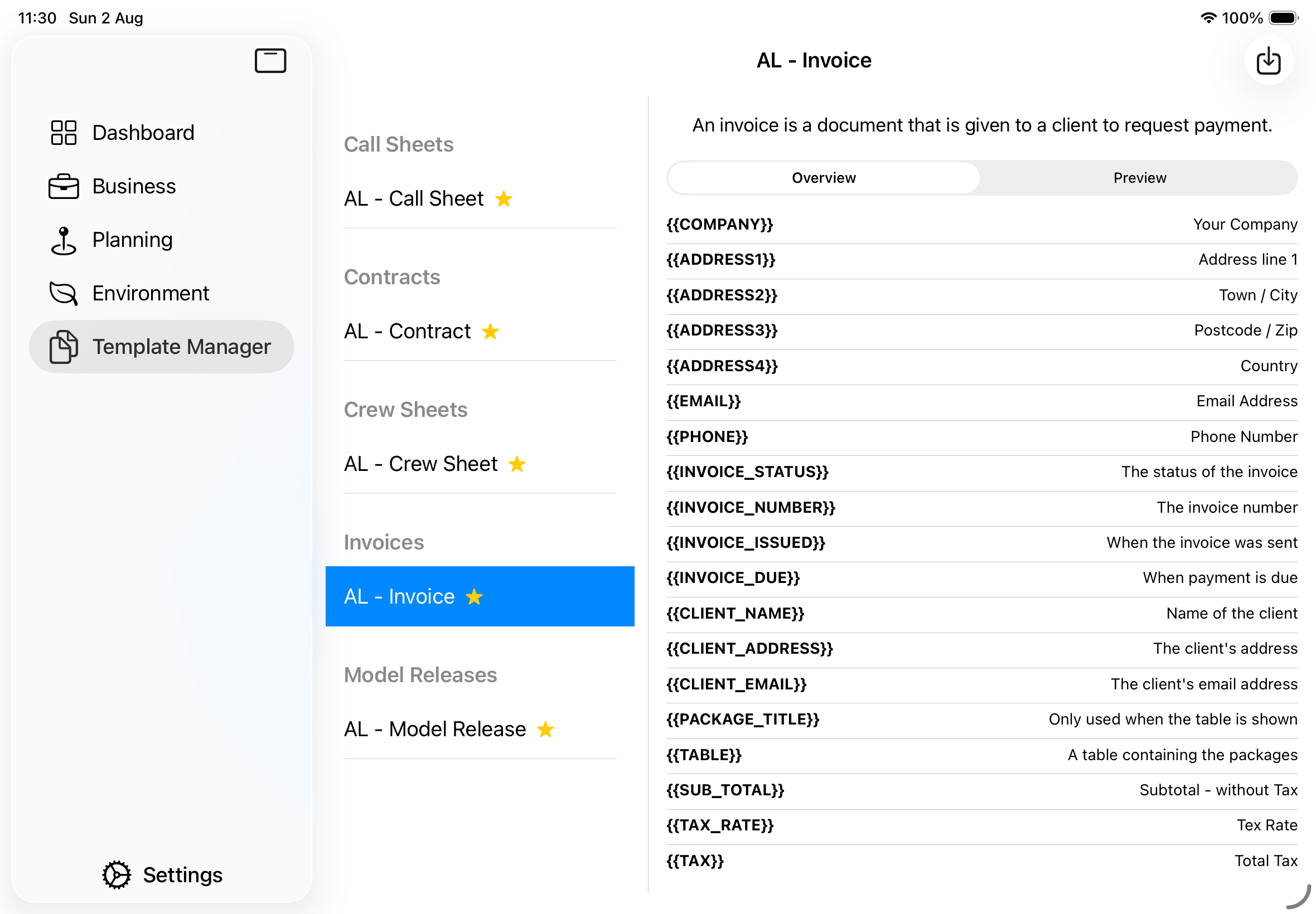 Screenshot: The Overview tab for an Invoice template. A two-column list runs down the page: the left column shows placeholder tokens in bold such as {{COMPANY}}, {{ADDRESS1}}, {{INVOICE_NUMBER}}, {{CLIENT_NAME}}, {{TABLE}}, {{TOTAL}}; the right column shows their descriptions, e.g. "Your Company", "Address line 1", "The invoice number".