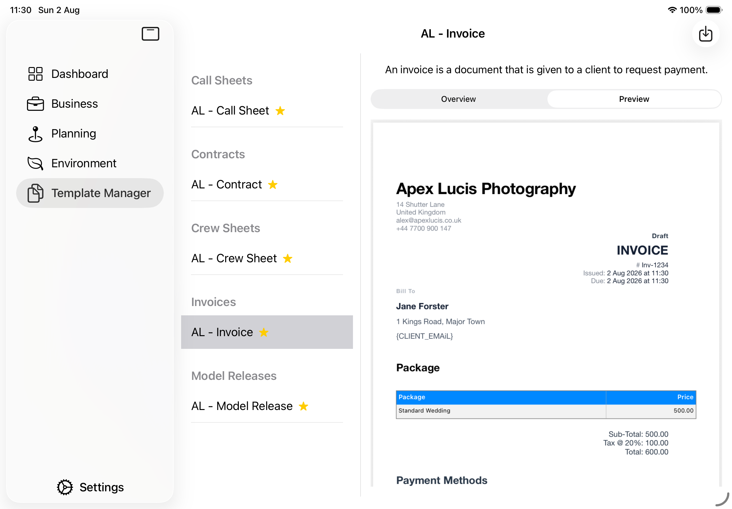 Screenshot: The Preview tab showing a rendered A4 invoice PDF inside the detail pane. The document shows a company letterhead, a sample client address block, a line-item table with two package rows, and subtotal/tax/total figures — all populated with obviously fictional sample data.