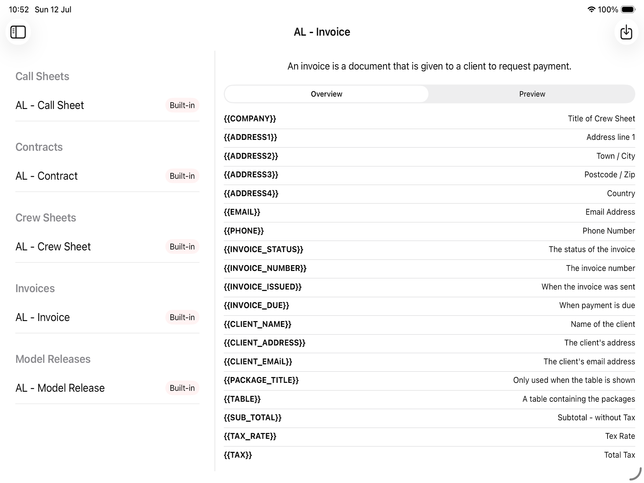 Screenshot: The Template Manager on iPad in landscape, showing the sidebar template list on the left grouped into "Call Sheets", "Contracts", "Invoices" etc., and the detail pane on the right showing a selected invoice template with the Overview/Preview segmented control. The Import Template button is visible in the top-right toolbar.